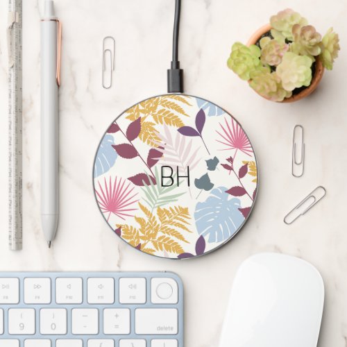 Cute Girly Tropical Leaves Monogram Initials Wireless Charger
