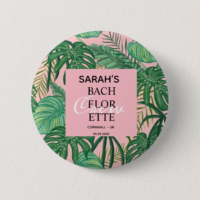 Cute Girly Tropical Palm Pink Bachelorette Party  Button (Front)