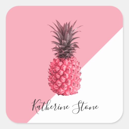 Cute girly tropical pink and white pineapple square sticker