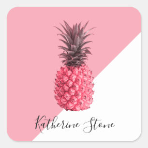 Cute girly tropical pink and white pineapple square sticker