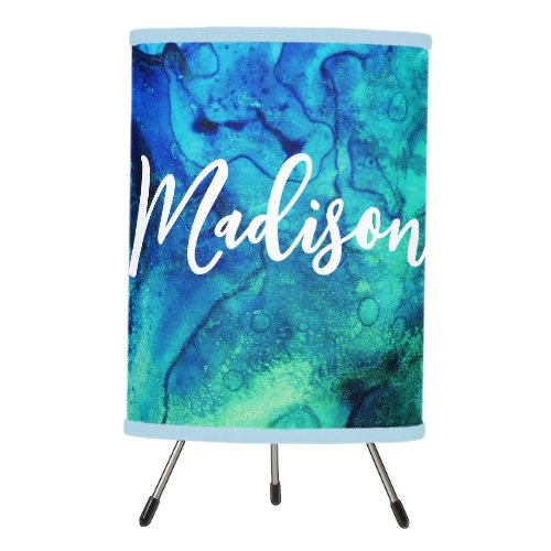 Cute Girly Turquoise Blue Green Watercolor Name Tripod Lamp