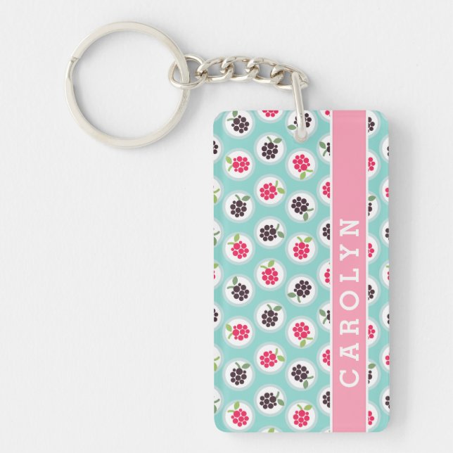 Cute girly turquoise raspberry patterns monogram keychain (Front)