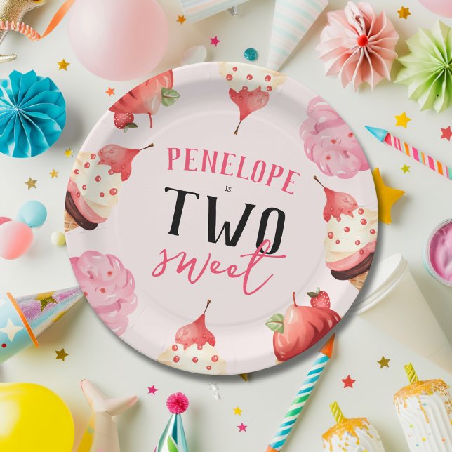 Cute Girly Two Sweet Ice Cream Birthday Paper Plates (Creator Uploaded)
