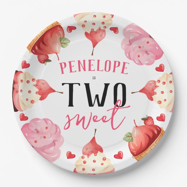 Cute Girly Two Sweet Ice Cream Birthday Paper Plates (Front)