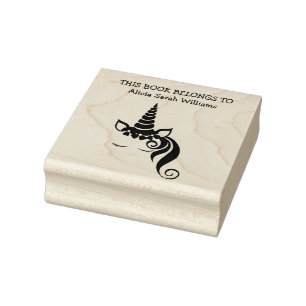Cute Girly Unicorn Book Belongs Name Bookplate Rubber Stamp
