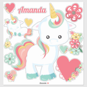 Cute Girly Unicorn Hearts Floral Sticker