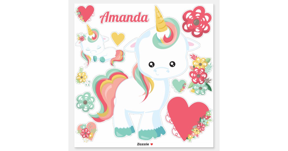 Download Cute Girly Unicorn Hearts Floral Sticker Zazzle Com