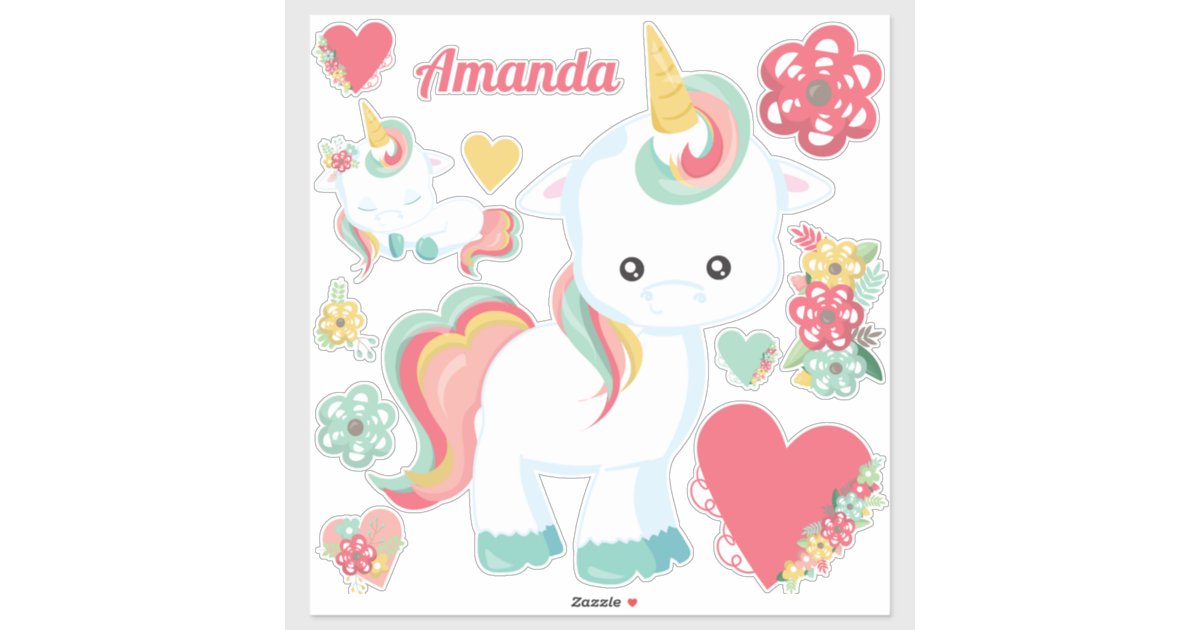 Download Cute Girly Unicorn Hearts Floral Sticker Zazzle Com