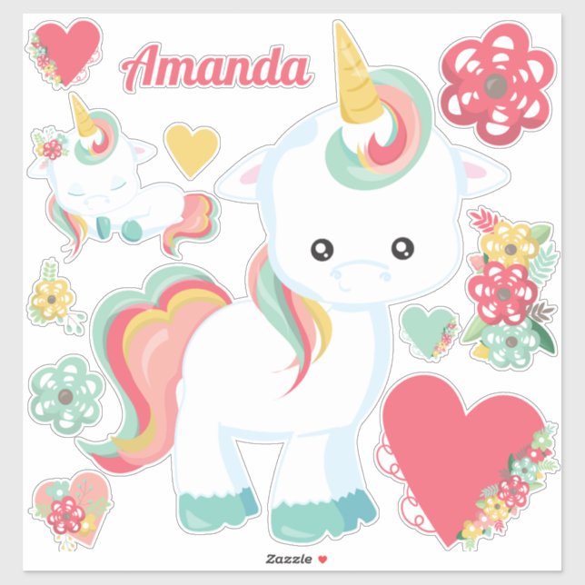 Cute Girly Unicorn Hearts Floral Sticker (Sheet)