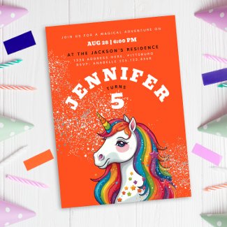 Cute Girly Unicorn Horse Orange Red Glitter Stars