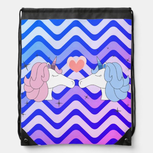 Cute Girly Unicorn Kisses Blue Wavy Pattern Drawstring Bag