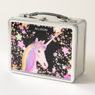 Cute Girly Unicorn Pastel Stars Personalized Metal Lunch Box