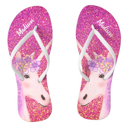 Cute Girly Unicorn Pink Glitter Custom Womens Flip Flops