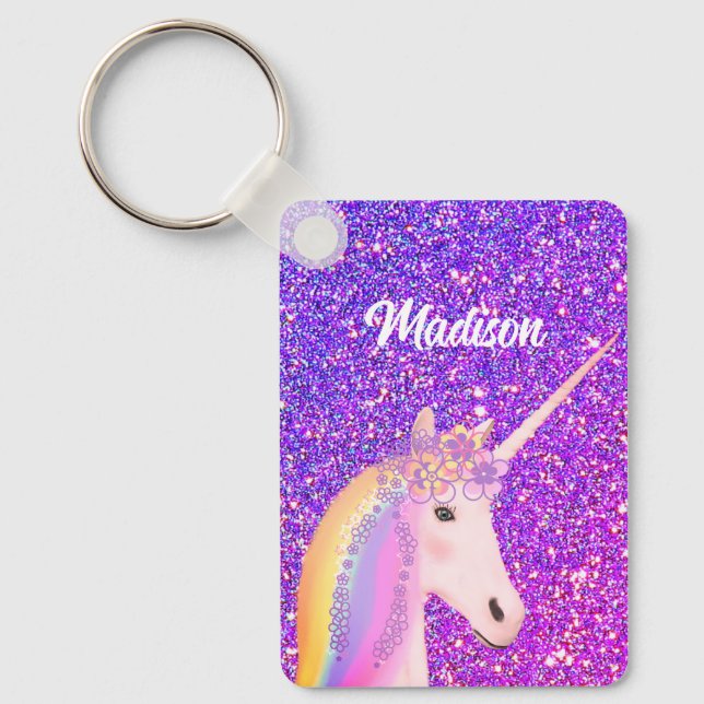 Cute Girly Unicorn Purple Glitter Personalized Keychain (Front)
