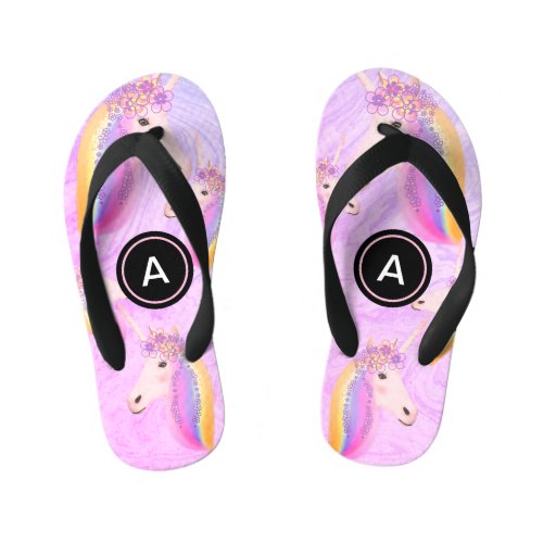 Cute Girly Unicorn Rainbow Colorful Monogram Girls Kids Flip Flops