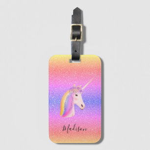 Cute Girly Unicorn Rainbow Glitter Personalized Luggage Tag