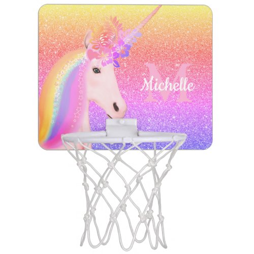 Cute Girly Unicorn Rainbow Glitter Personalized  Mini Basketball Hoop
