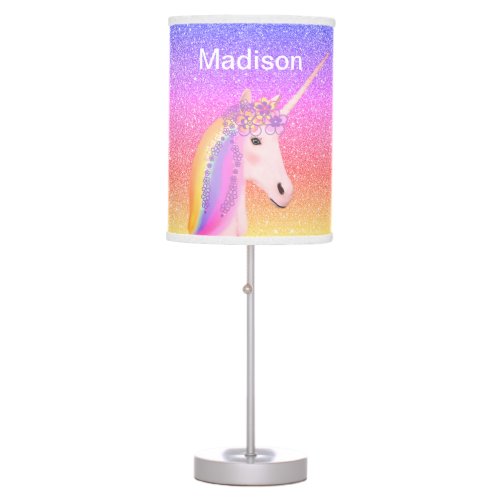 Cute Girly Unicorn Rainbow Glitter Personalized Table Lamp