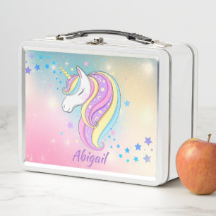 Cute Girly Unicorn Rainbow Sparkle Holographic Metal Lunch Box