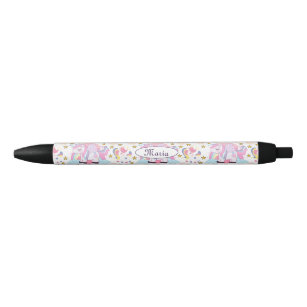 Cute Girly Unicorn Rainbow Stars Custom Name Black Ink Pen
