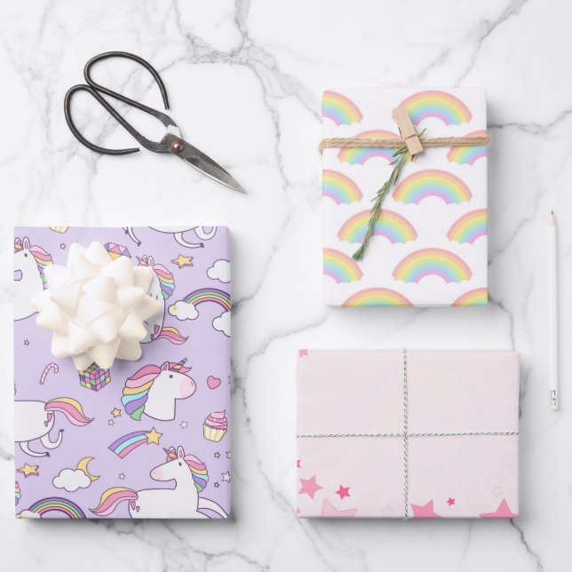 Cute Girly Unicorn Rainbow Stars Custom Wrapping Paper Sheets (Front)