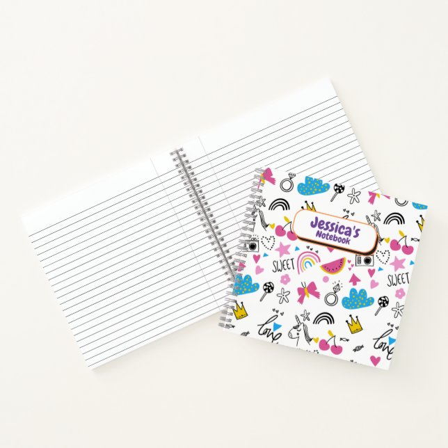 Cute Girly Unicorn Stars Rainbow Fun First Name Notebook (Inside)