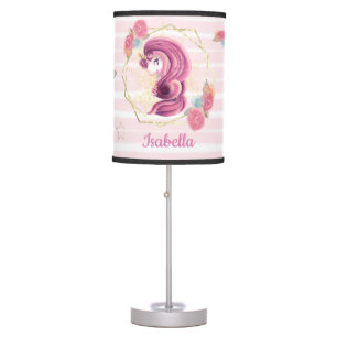 Cute Girly Unicorn with Pink Roses and Glitter Table Lamp
