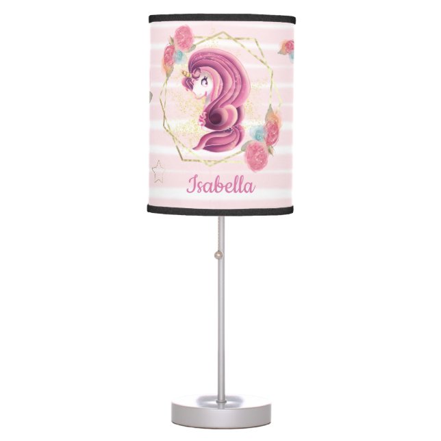 Cute Girly Unicorn with Pink Roses and Glitter Table Lamp (Front)