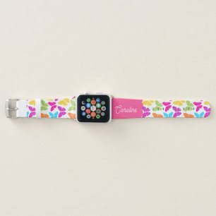 Cute Girly Vibrant Rainbow Butterfly Pattern Name Apple Watch Band