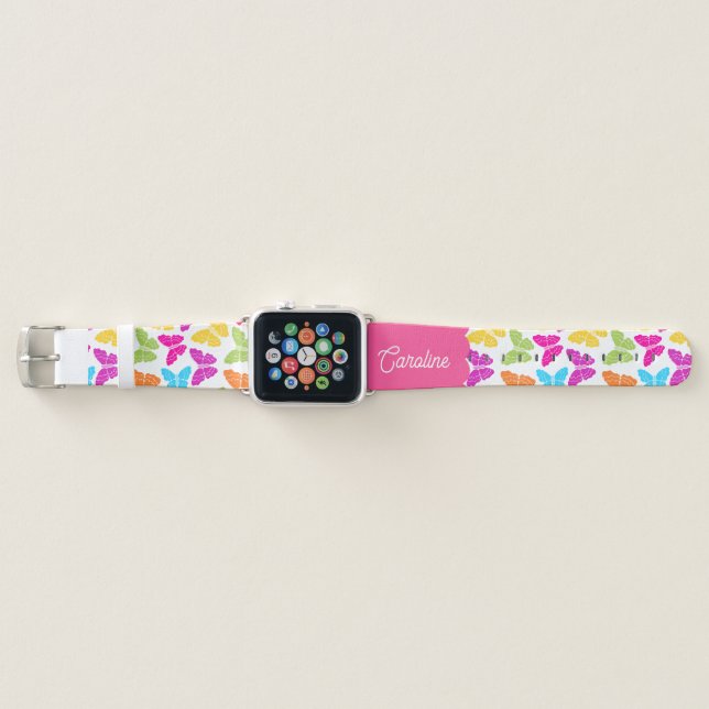 Cute Girly Vibrant Rainbow Butterfly Pattern Name Apple Watch Band (Front)