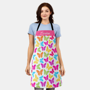 Cute Girly Vibrant Rainbow Butterfly Pattern Name Apron