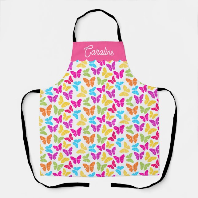 Cute Girly Vibrant Rainbow Butterfly Pattern Name Apron (Front)