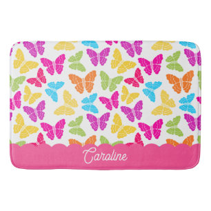Cute Girly Vibrant Rainbow Butterfly Pattern Name Bath Mat