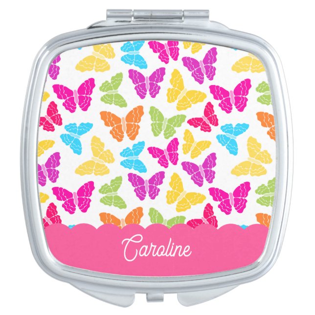 Cute Girly Vibrant Rainbow Butterfly Pattern Name Compact Mirror (Front)
