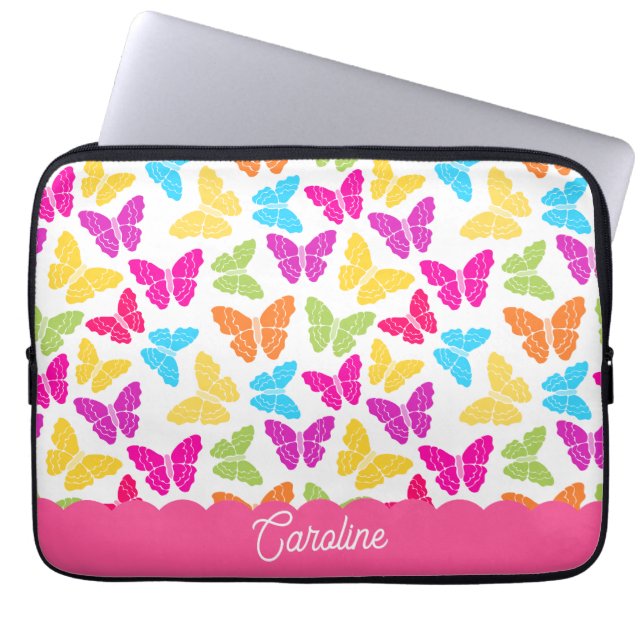 Cute Girly Vibrant Rainbow Butterfly Pattern Name Laptop Sleeve (Front)