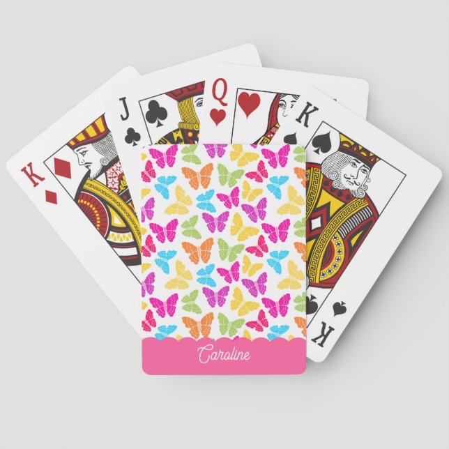 Cute Girly Vibrant Rainbow Butterfly Pattern Name Poker Cards (Back)