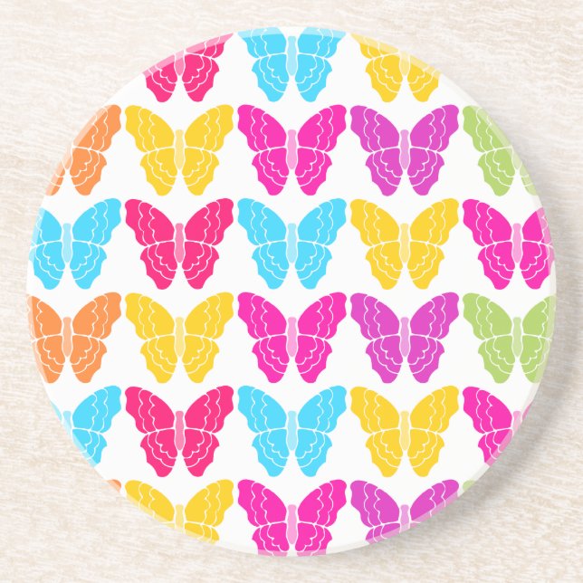 Cute Girly Vibrant Rainbow Butterfly Pattern  Sandstone Coaster (Front)