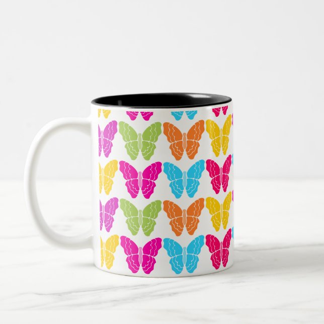 Cute Girly Vibrant Rainbow Butterfly Pattern  Two-Tone Coffee Mug (Left)