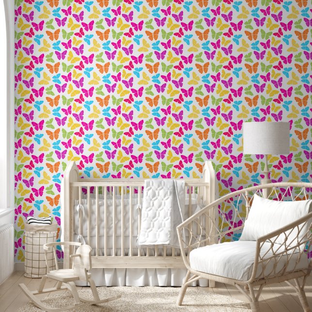 Cute Girly Vibrant Rainbow Butterfly Pattern Wallpaper (Kids)