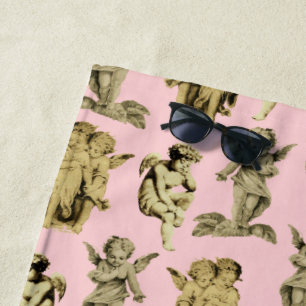 Cute Girly Vintage Baby Cupid Angels Pink Beach Towel
