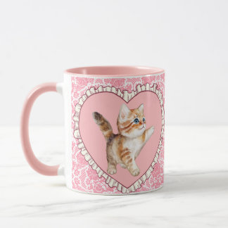 Cute Girly Vintage Pink Floral Mug Kitten Heart