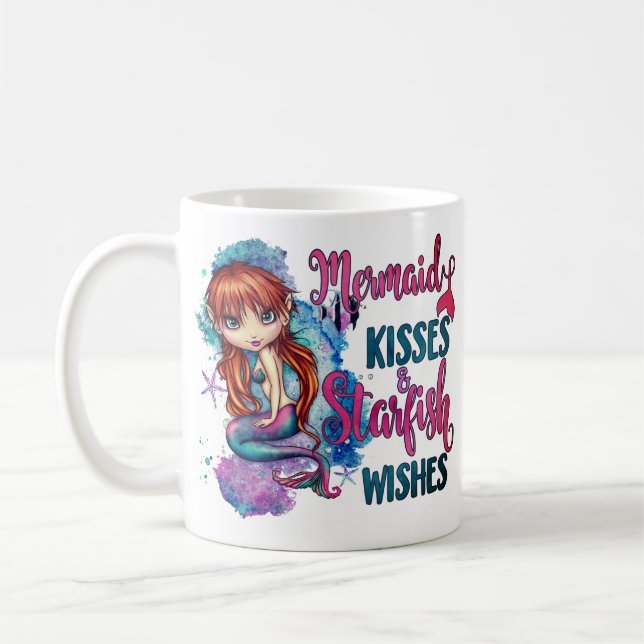 Cute Girly Watercolor Modern Mermaid Kisses Coffee Mug (Left)