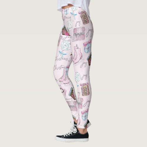 Cute Girly Watercolor Pink Christmas Leggings