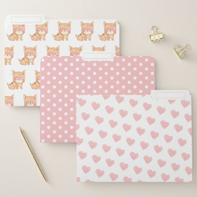 Cute Girly Watercolor Puppy Polka Dots Hearts File Folder (Set)
