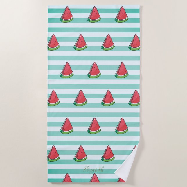 Cute Girly Watermelon Stripes  -Personalized Beach Towel (Front)