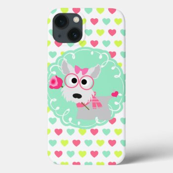 Cute Girly Westie Puppy Pink Mint Hearts Pattern Iphone 13 Case by Jujulili at Zazzle
