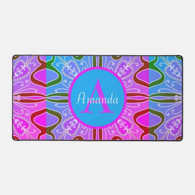 Cute Girly Whimsical Folk Art Pink Purple Blue Desk Mat (Front)