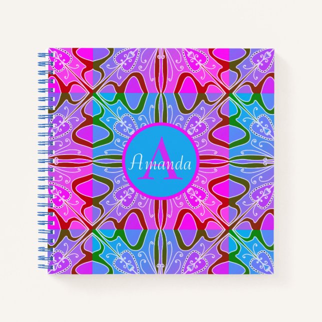 Cute Girly Whimsical Folk Art Pink Purple Blue Notebook (Front)