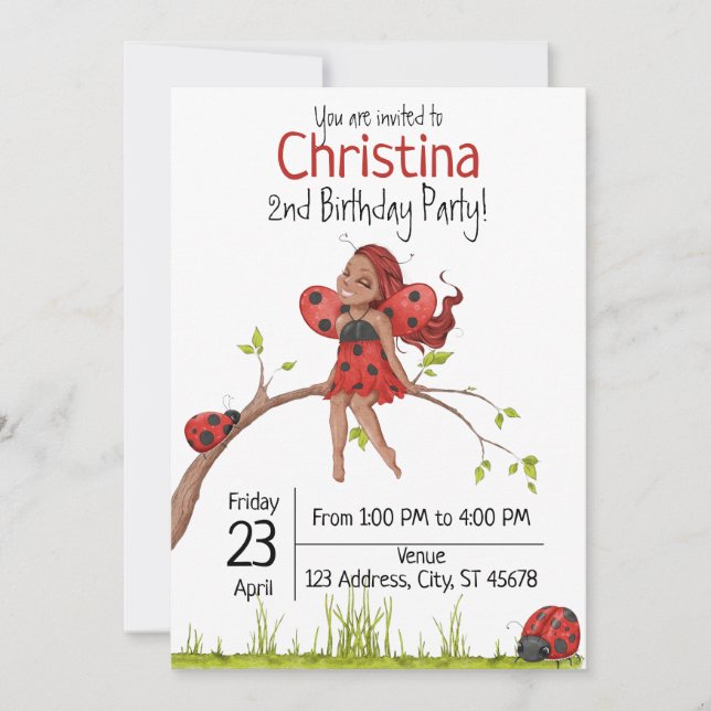 Cute Girly Whimsical LadyBug 2nd Birthday Invitation (Front)