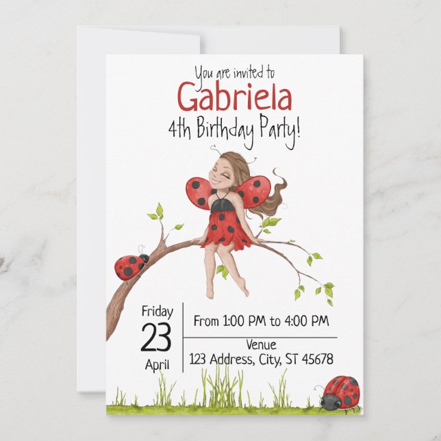 Cute Girly Whimsical LadyBug 4th Birthday Invitation (Front)